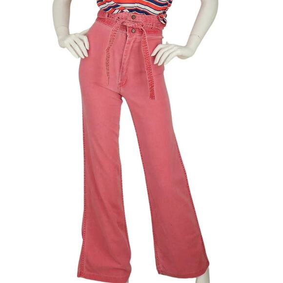 70s Vintage Pink Bellbottoms High Waisted Boho Hippie Woodstock Mom Denim Jeans - Picture 1 of 14